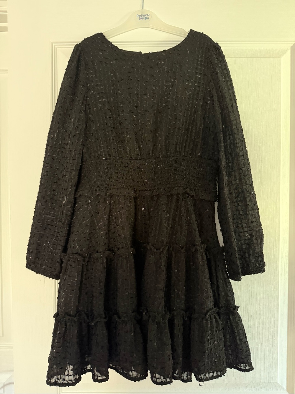 Rare Editions Black Textured Tiered Long Sleeve Girls Dress